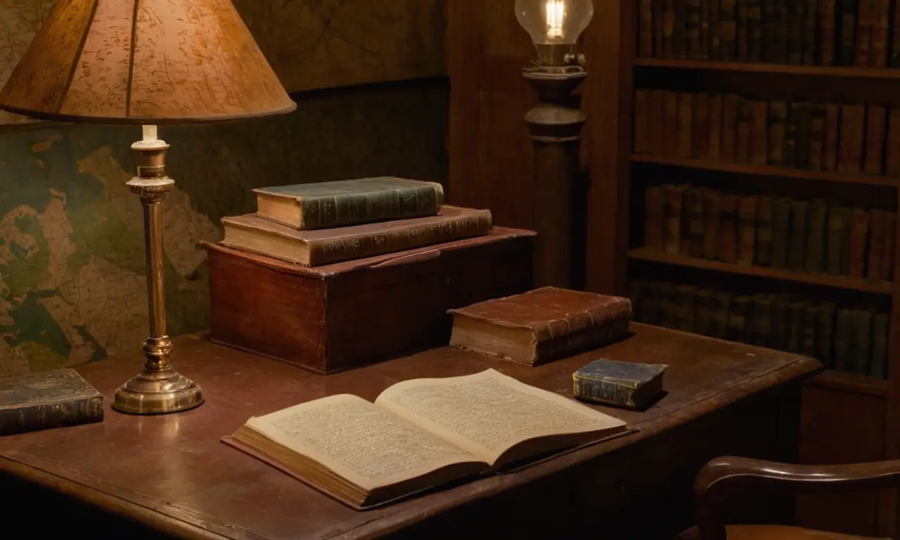 Bureau ancien, lumière douce, ambiance studieuse
