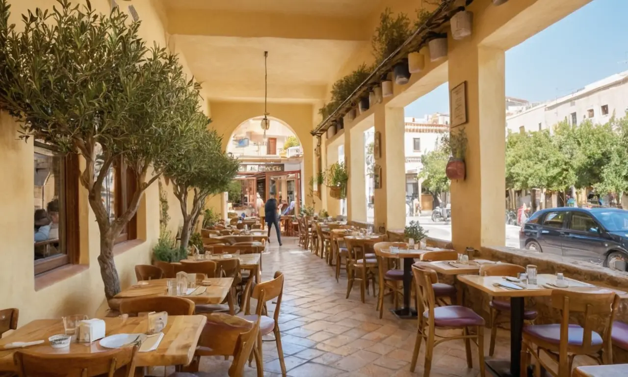 Café animé à Athènes, lumière dorée, diversité