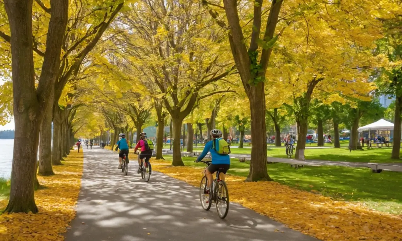 Parcours verdoyant avec cyclistes et cafés charmants