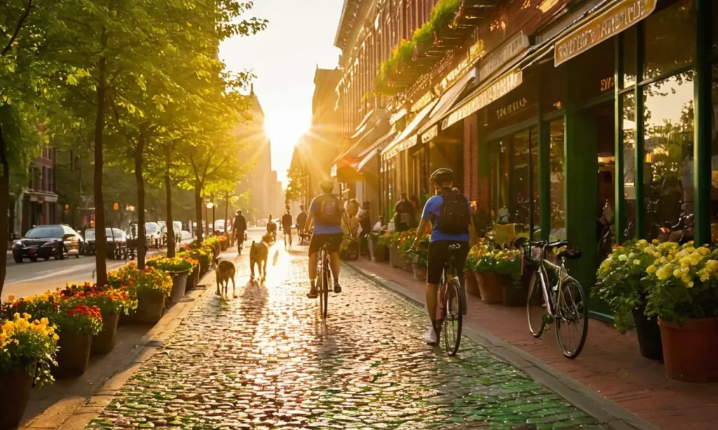 Rue animée au lever du soleil