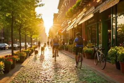 Rue animée au lever du soleil