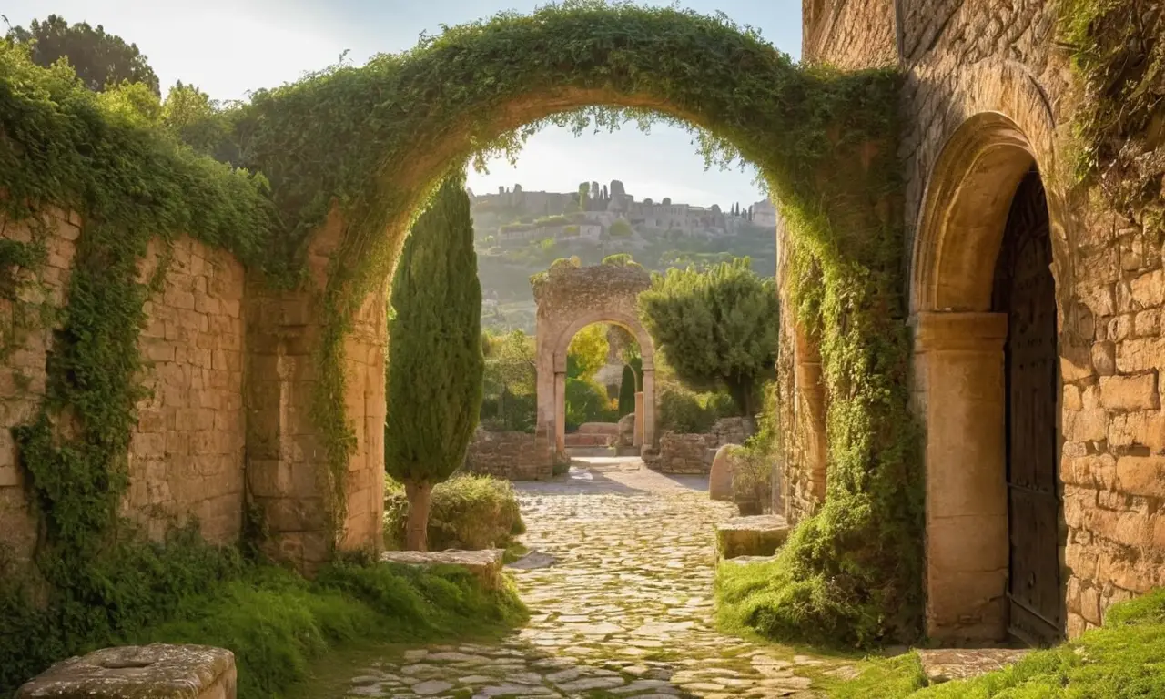 Paysage romain ancien entre ruines et nature