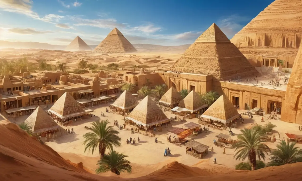 Un désert vaste avec pyramides et marché animé