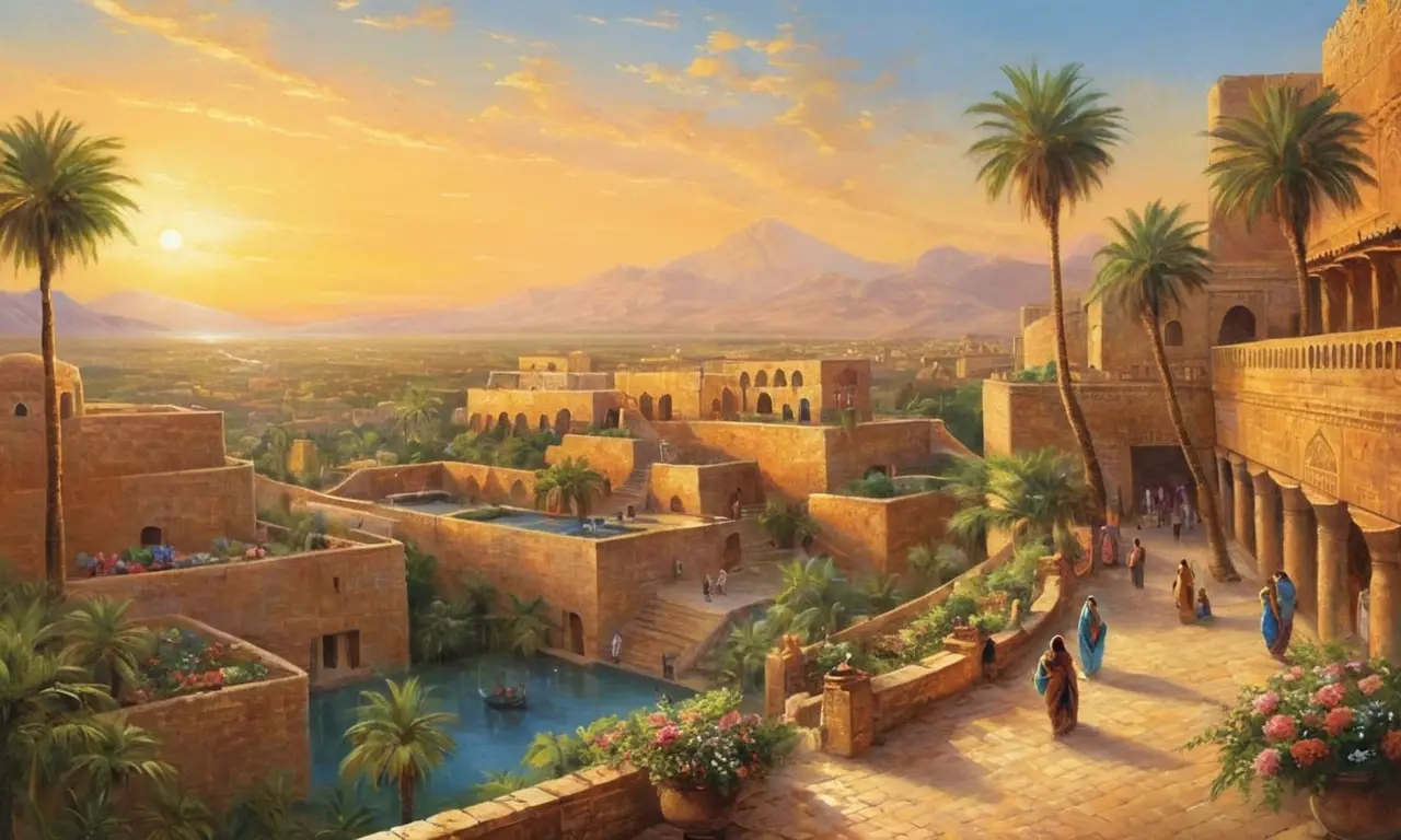 Babylon: ziggourat, jardins, marché animé, vie vibrante