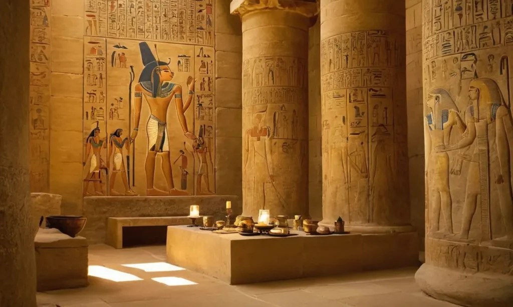 Temple égyptien ancien avec sculptures et lumière
