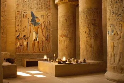 Temple égyptien ancien avec sculptures et lumière