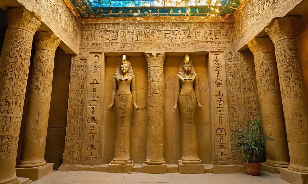 Temple égyptien majestueux avec statues et hiéroglyphes