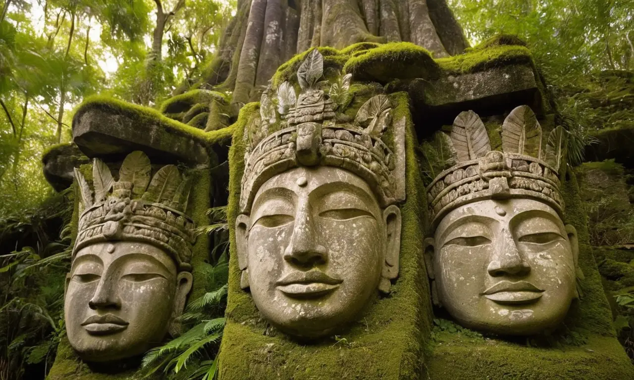 Sculptures mayas dans une jungle mystérieuse