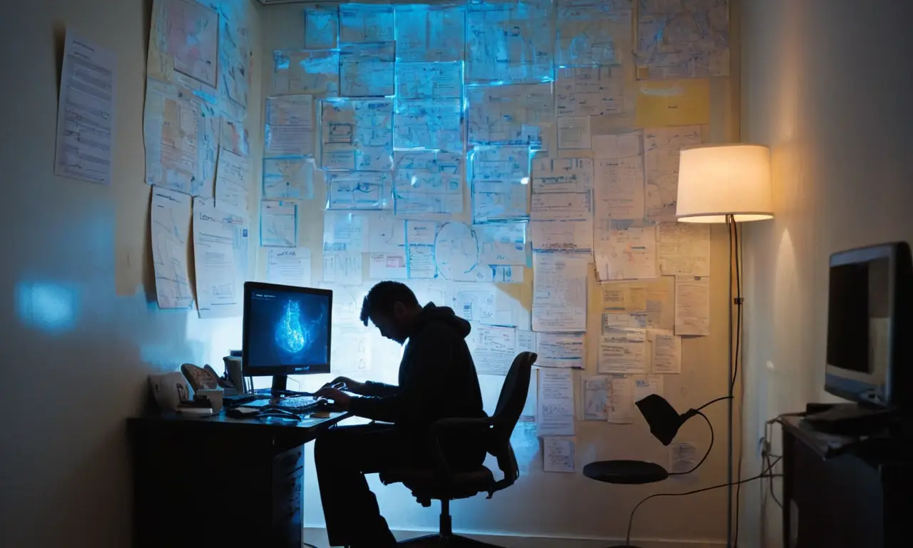 Salle sombre, figure concentrée devant un ordinateur