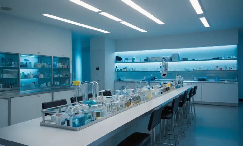 Laboratoire sombre avec un clone humain central