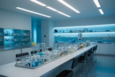 Laboratoire sombre avec un clone humain central