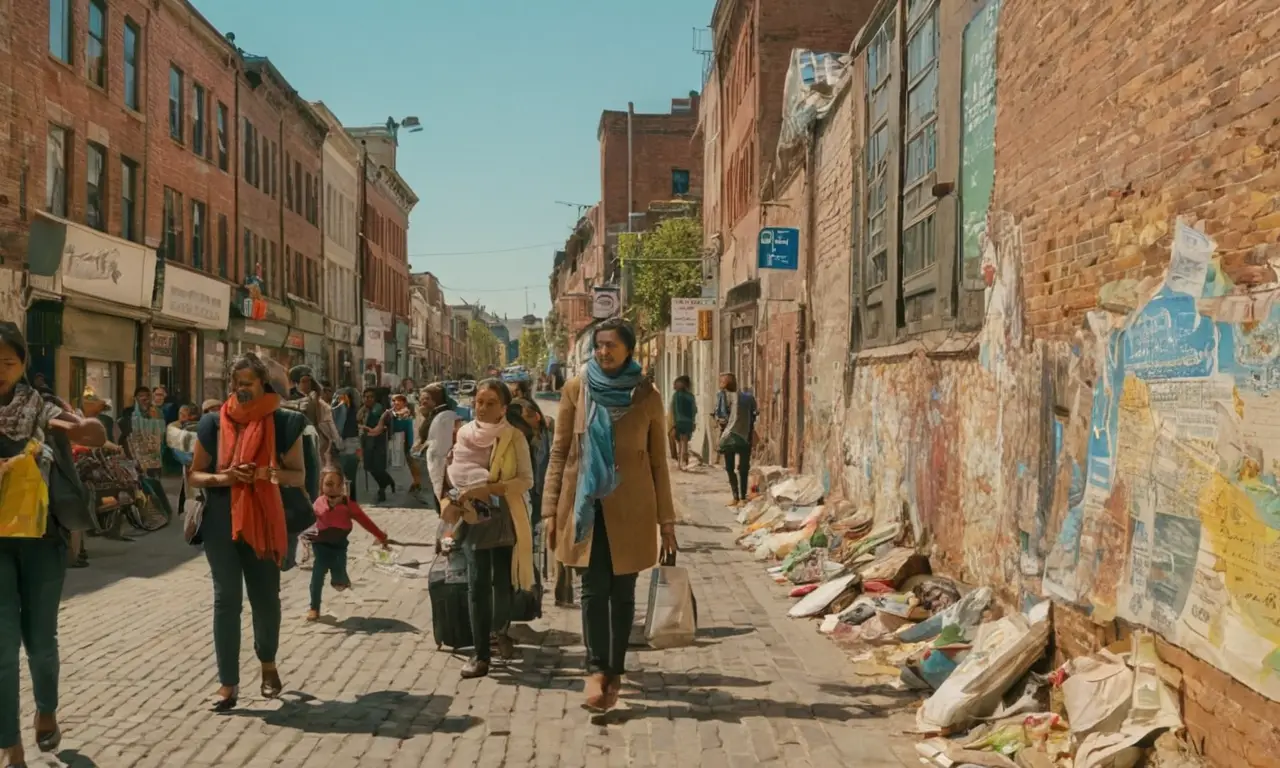 Une rue animée mêlant diversité et échanges culturels