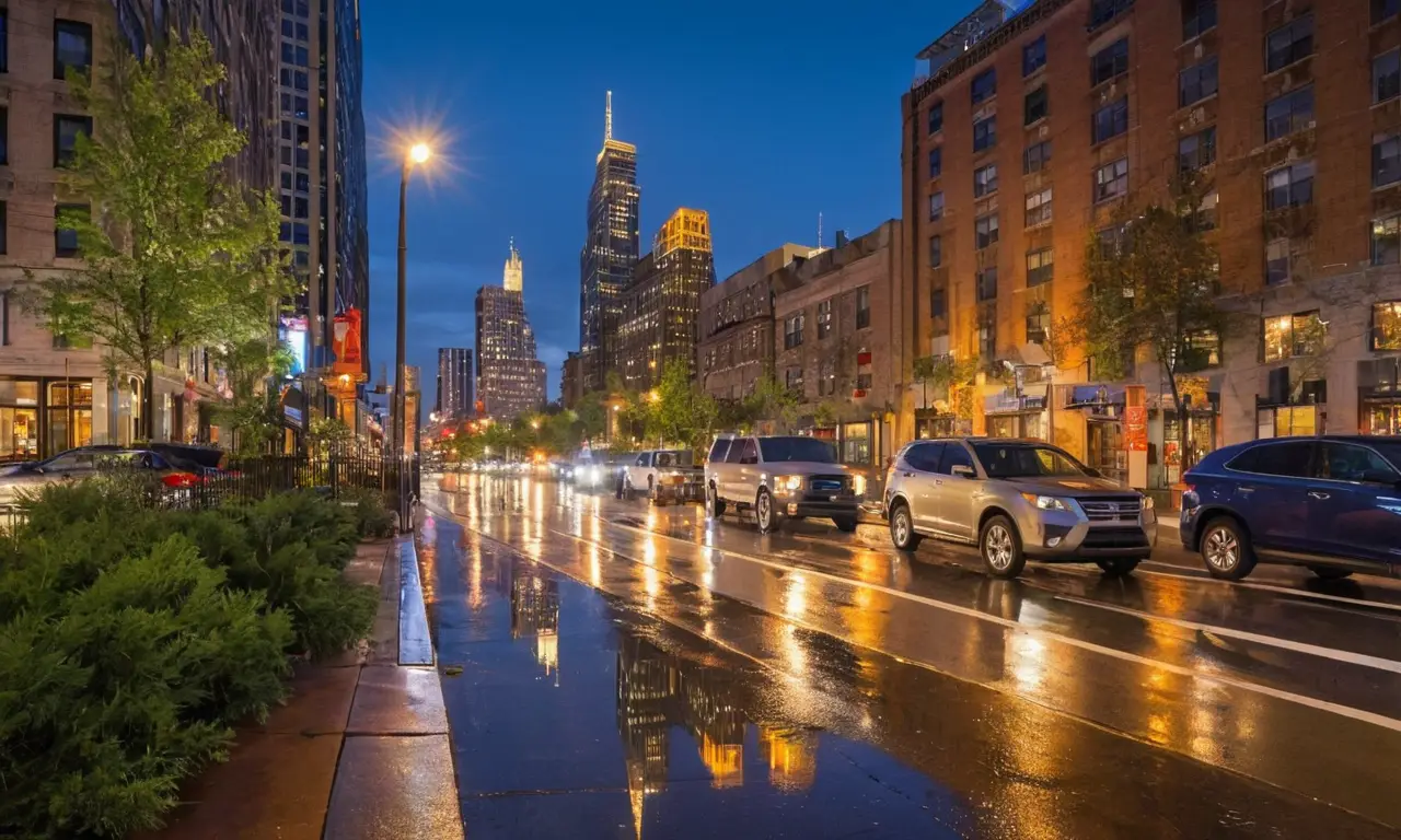 Une ville animée illuminée au crépuscule