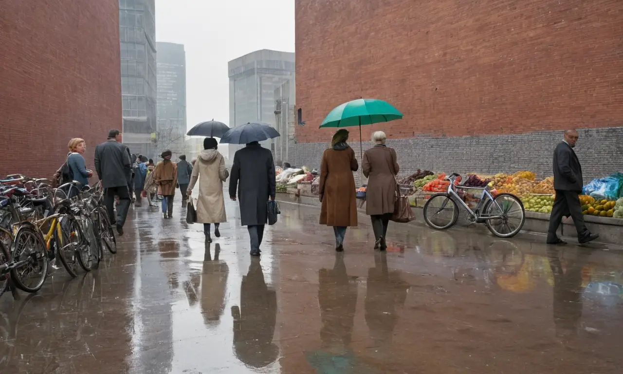 Scène urbaine animée après la pluie