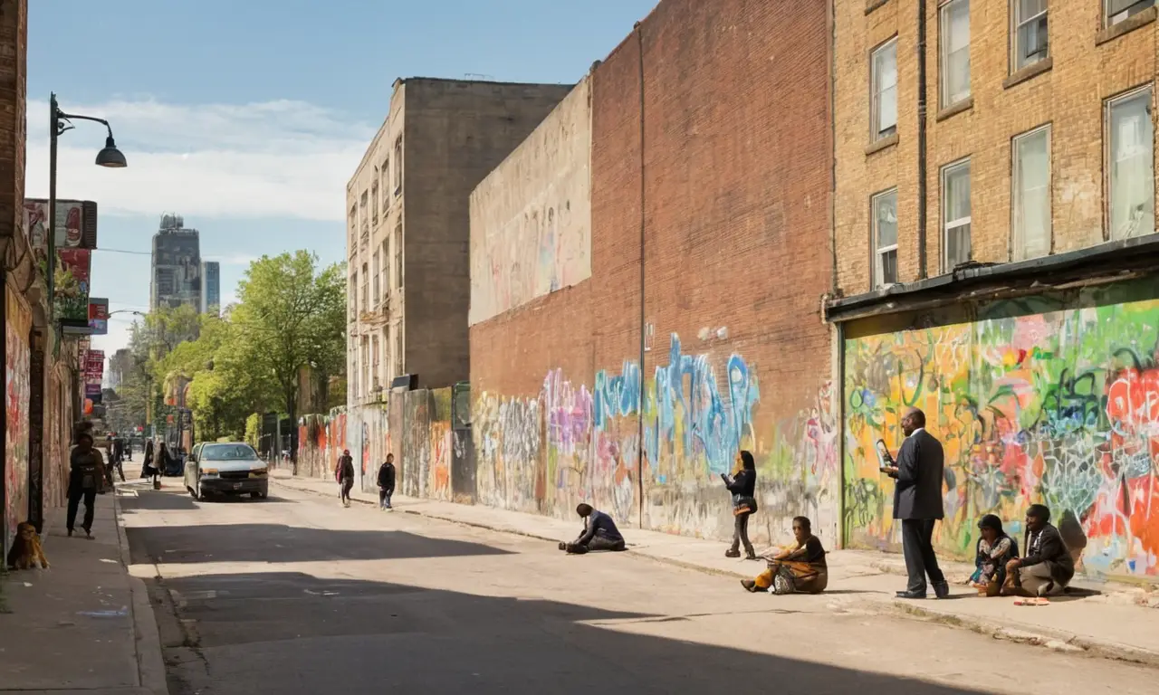 Une rue urbaine vibrante et contrastée