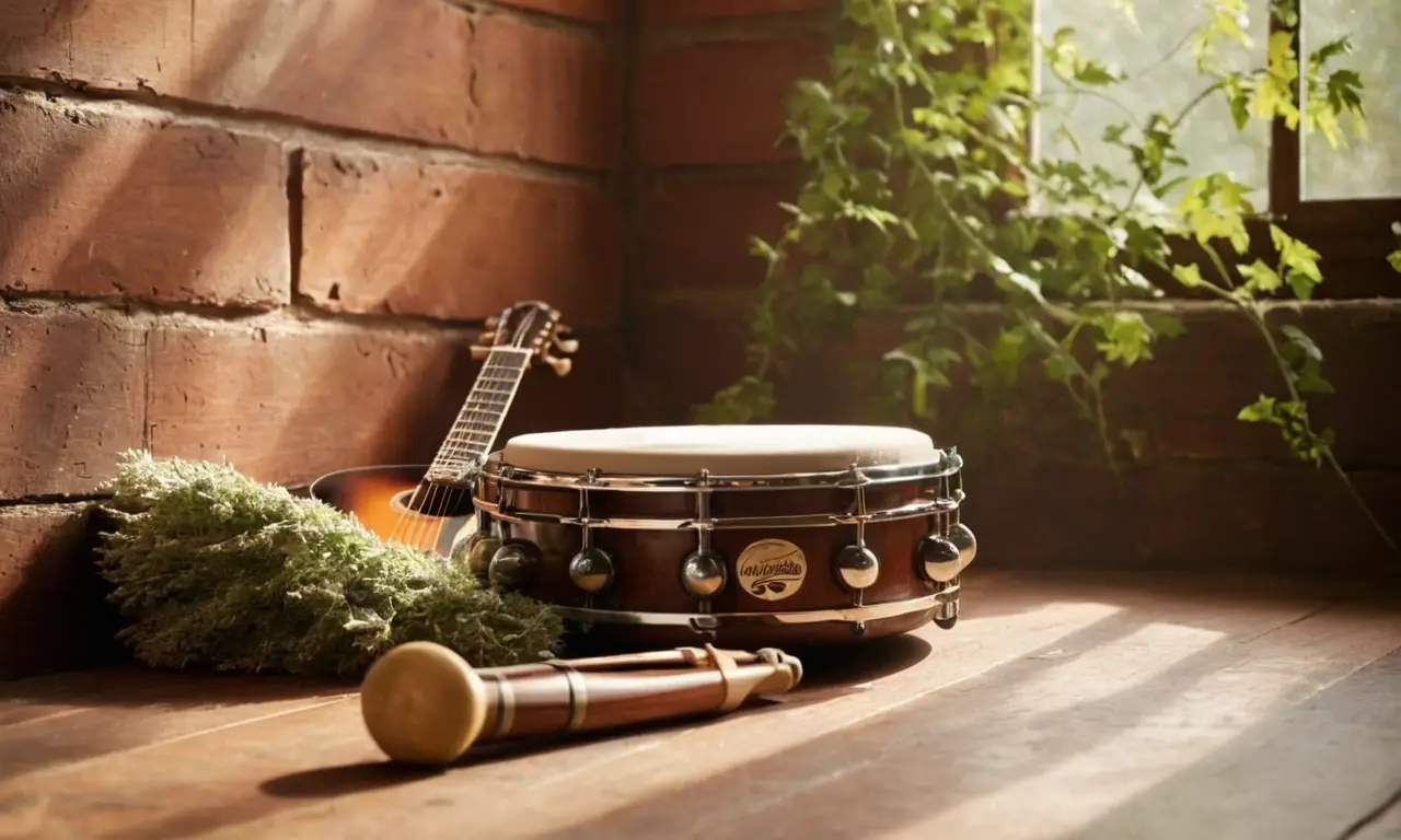 Guitare en bois contre mur, ambiance chaleureuse