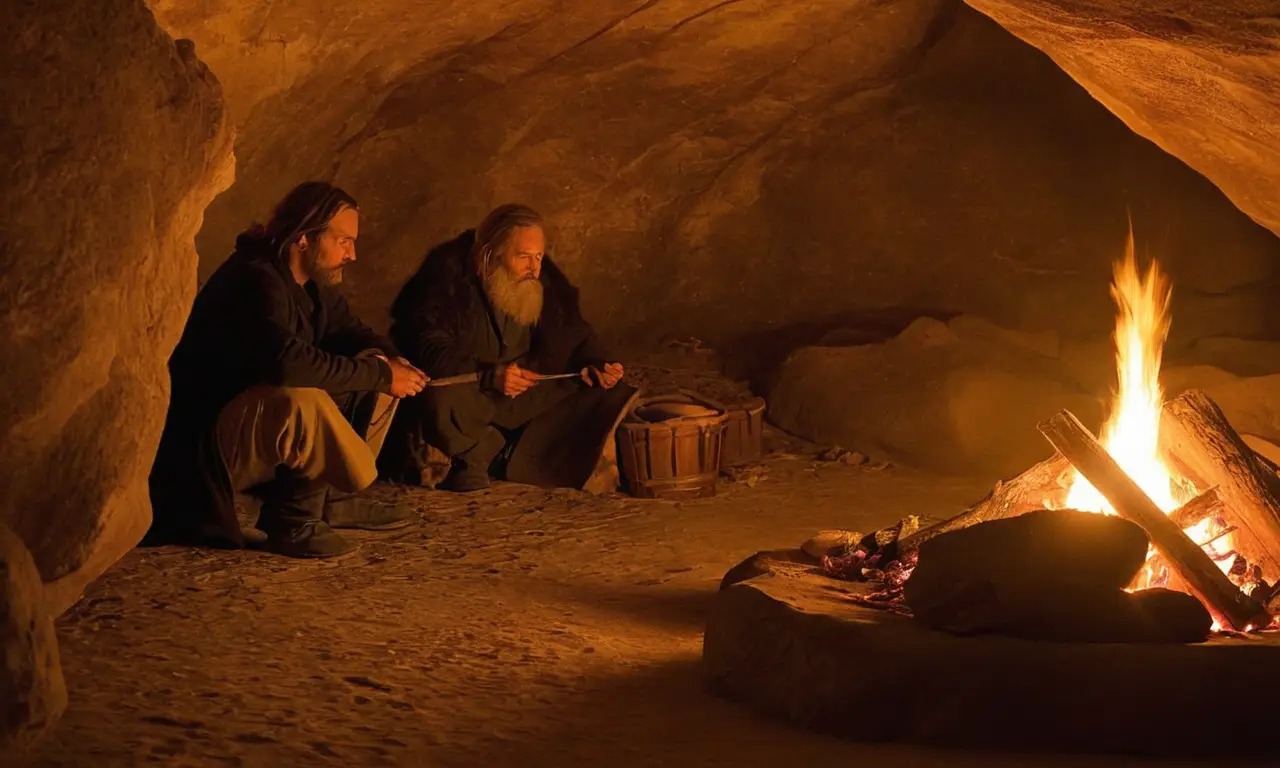 Caverne ancienne, feu, chasse, vie primitive