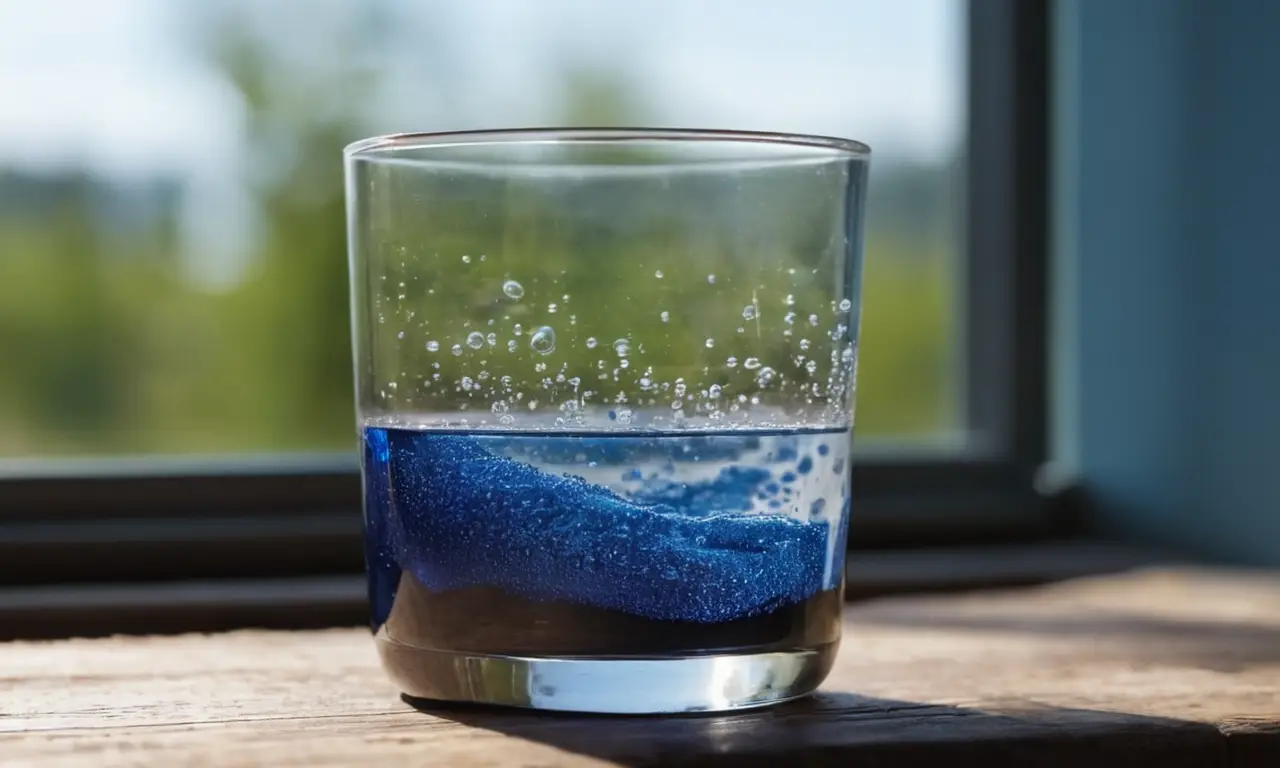Un bécher avec liquide bleu sur table