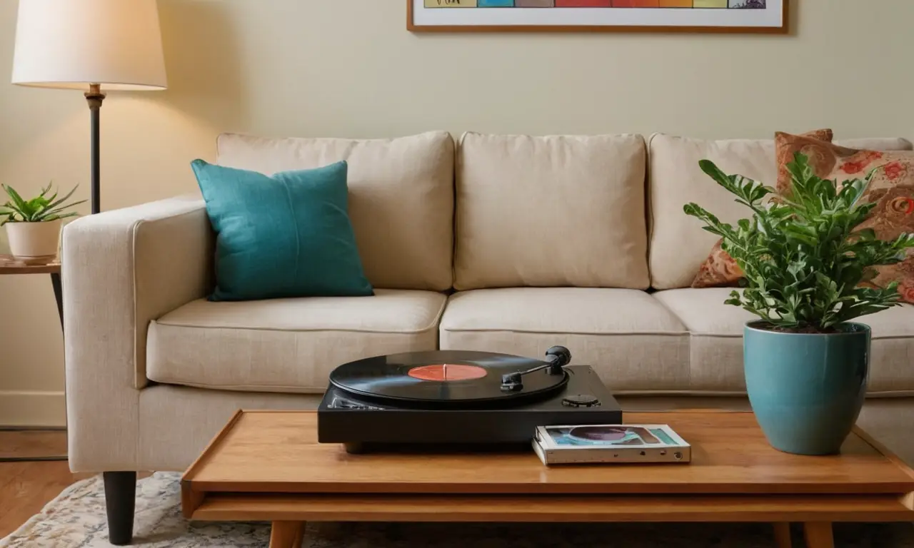 Salon cosy avec musique et ambiance chaleureuse