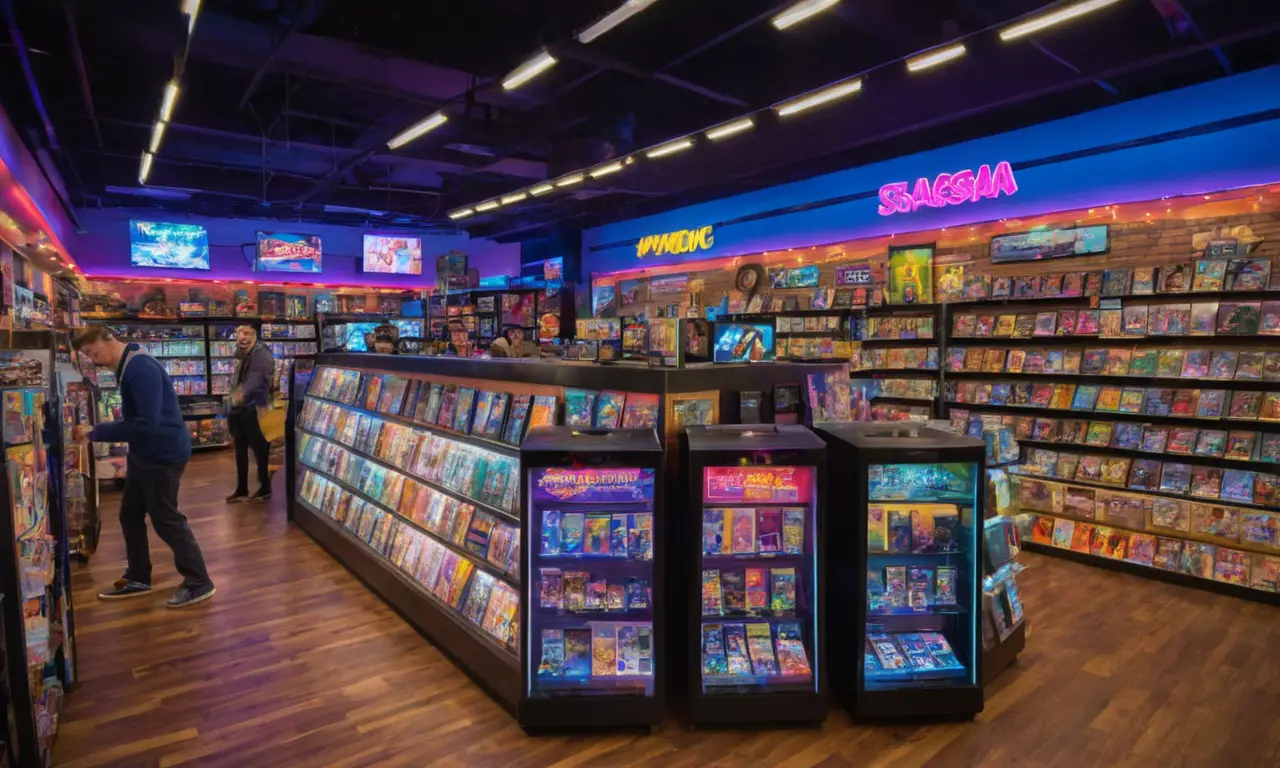 Une boutique de jeux vidéo animée et colorée