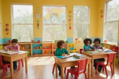 Une classe colorée pleine d’enfants apprenants