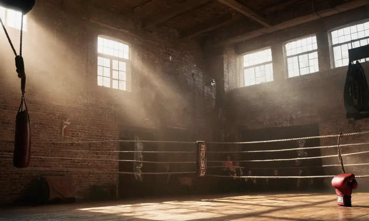 Salle de boxe sombre, tension palpable