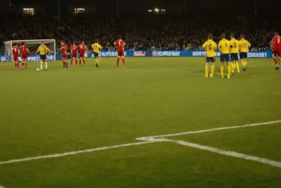 Terrain de football animé sous la lumière dorée
