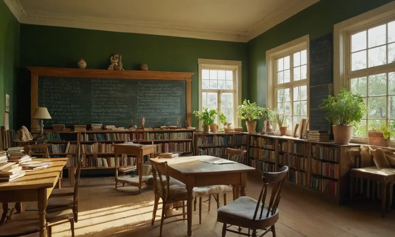 Bibliothèque chaleureuse, lumière dorée, calme intellectuel