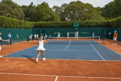Court de tennis animé sous un ciel bleu