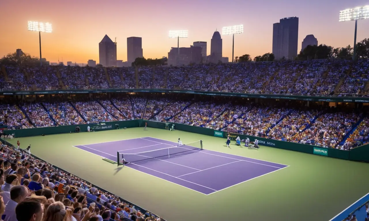 Stade de tennis animé sous un coucher de soleil