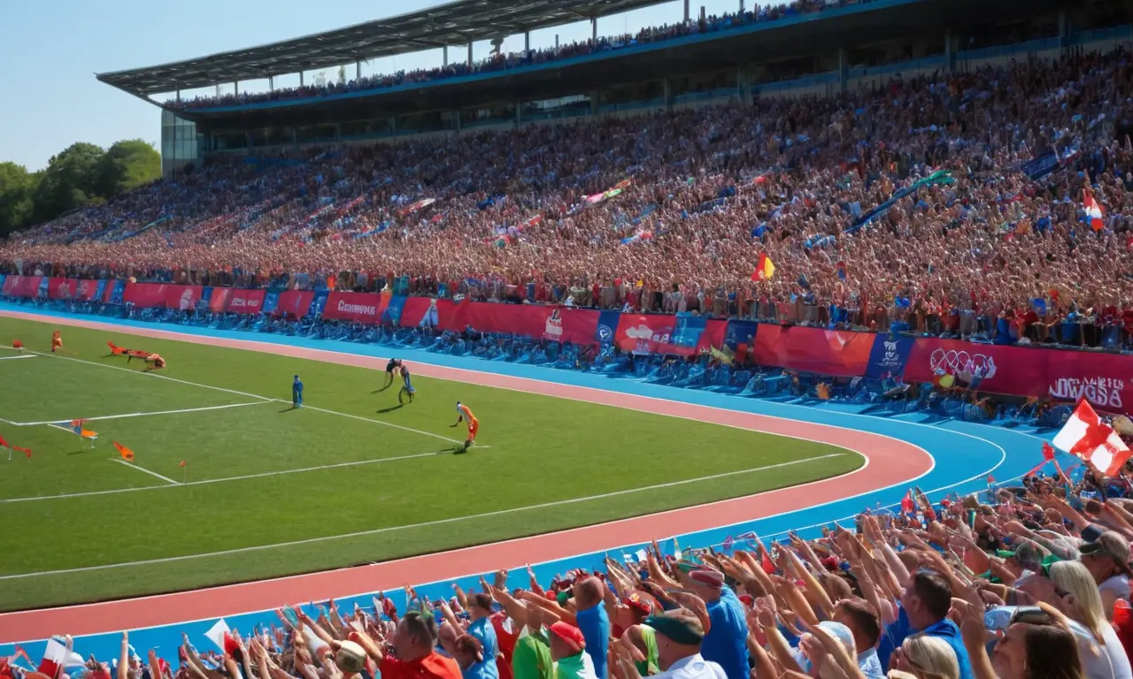 Stade vibrant, athlètes prêts, foule enthousiaste