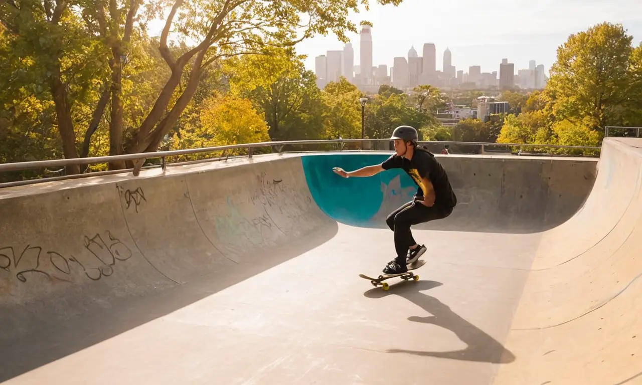 Skate park urbain animé sous un soleil