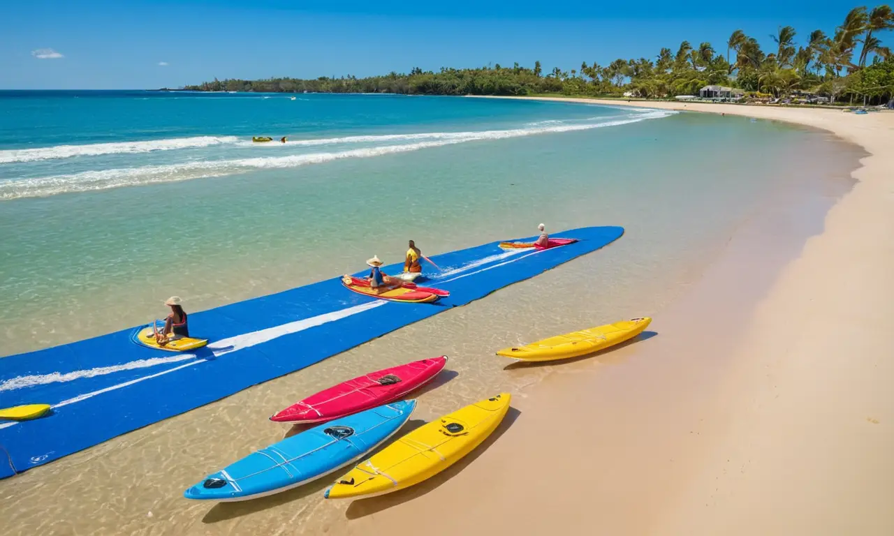 Plage sereine avec bateaux et palmiers