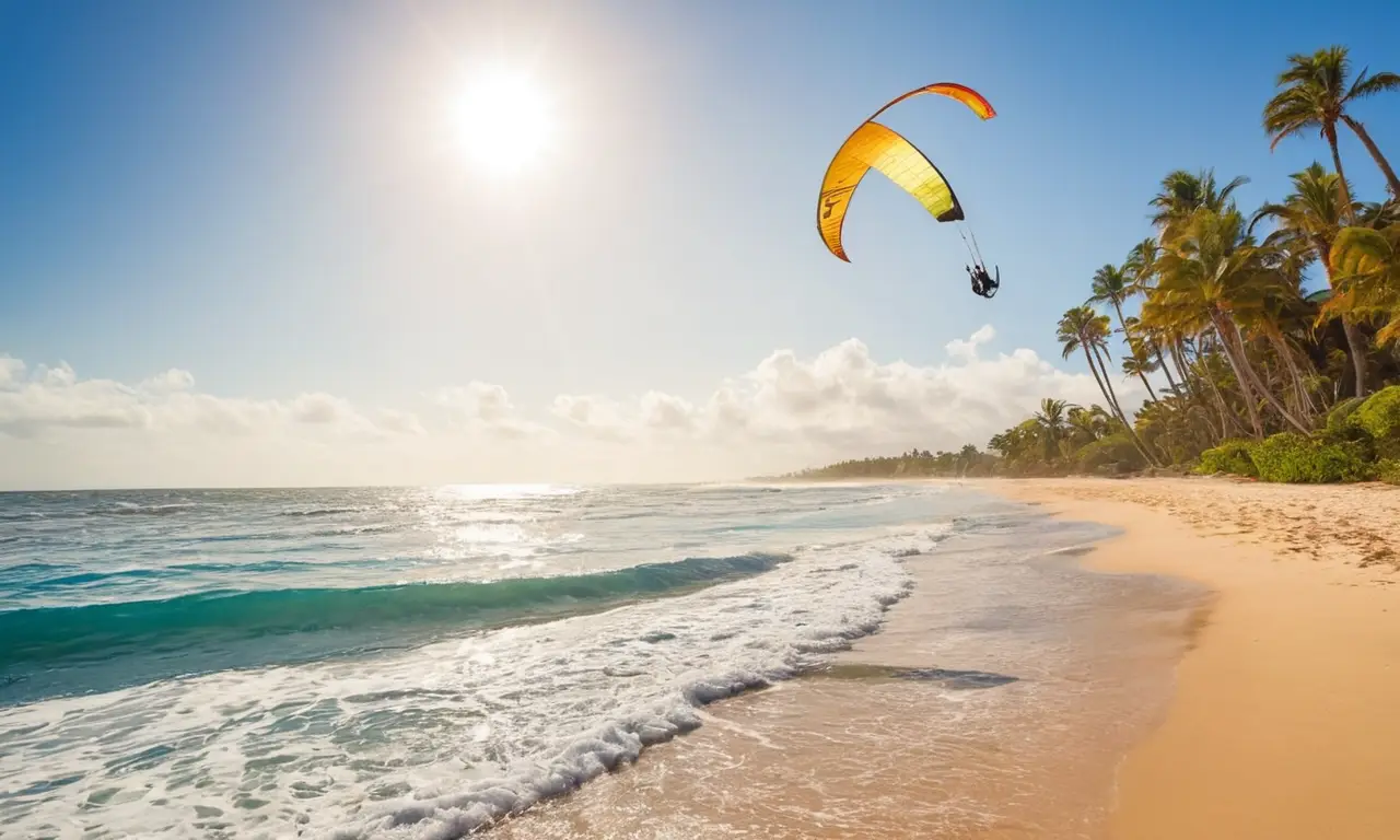 Plage ensoleillée avec sports nautiques dynamiques