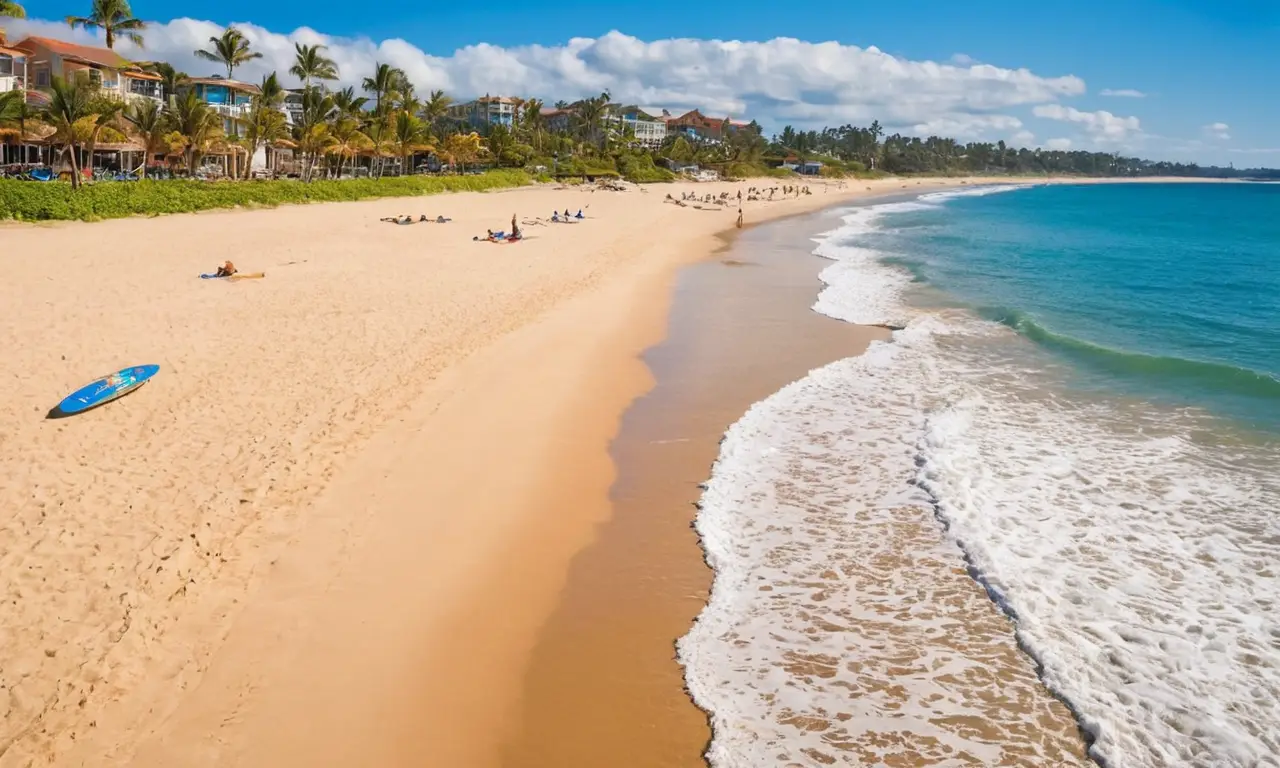Plage ensoleillée, vagues, surfeurs et détente