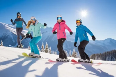 Paysage hivernal avec skieurs et patineurs