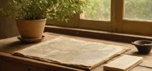 Document historique sur table en bois rustique