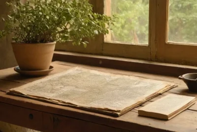 Document historique sur table en bois rustique