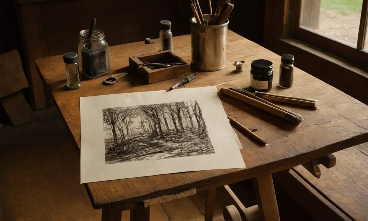 Atelier dartiste, lumière douce et outils éparpillés