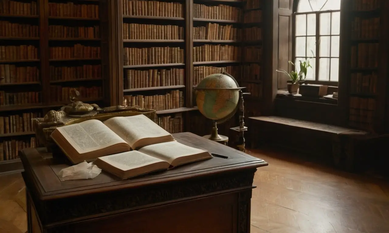 Un bureau sombre, livres anciens et lumière