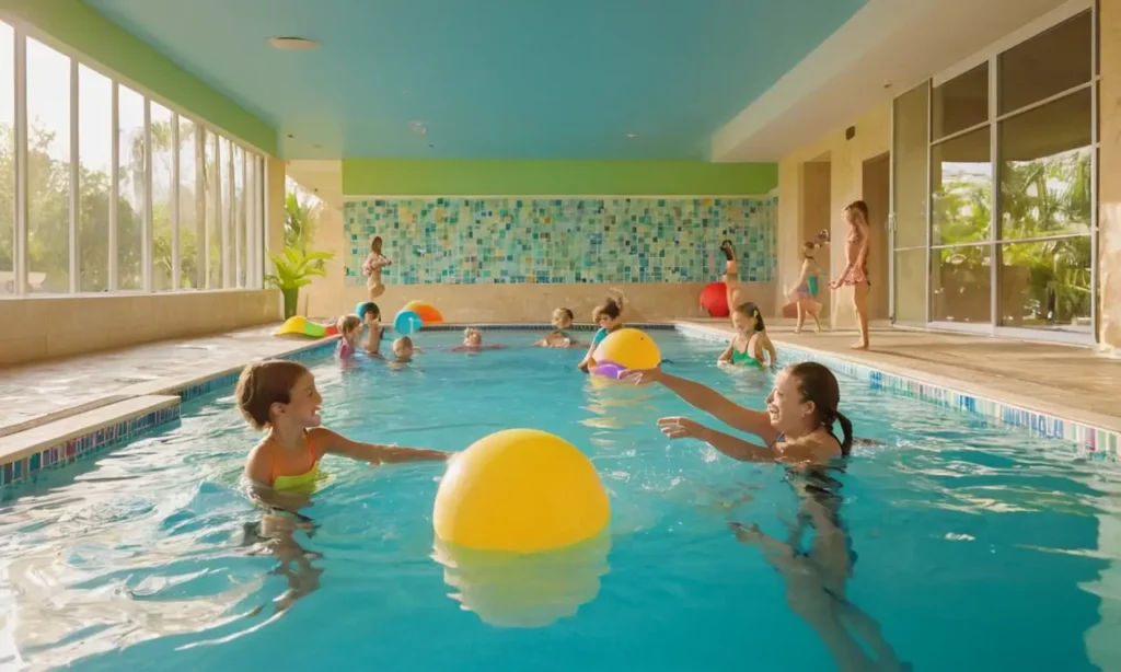 Piscine animée avec rires et éclaboussures joyeuses