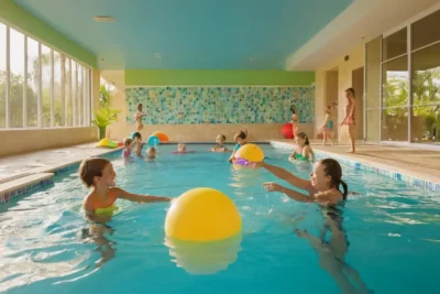 Piscine animée avec rires et éclaboussures joyeuses
