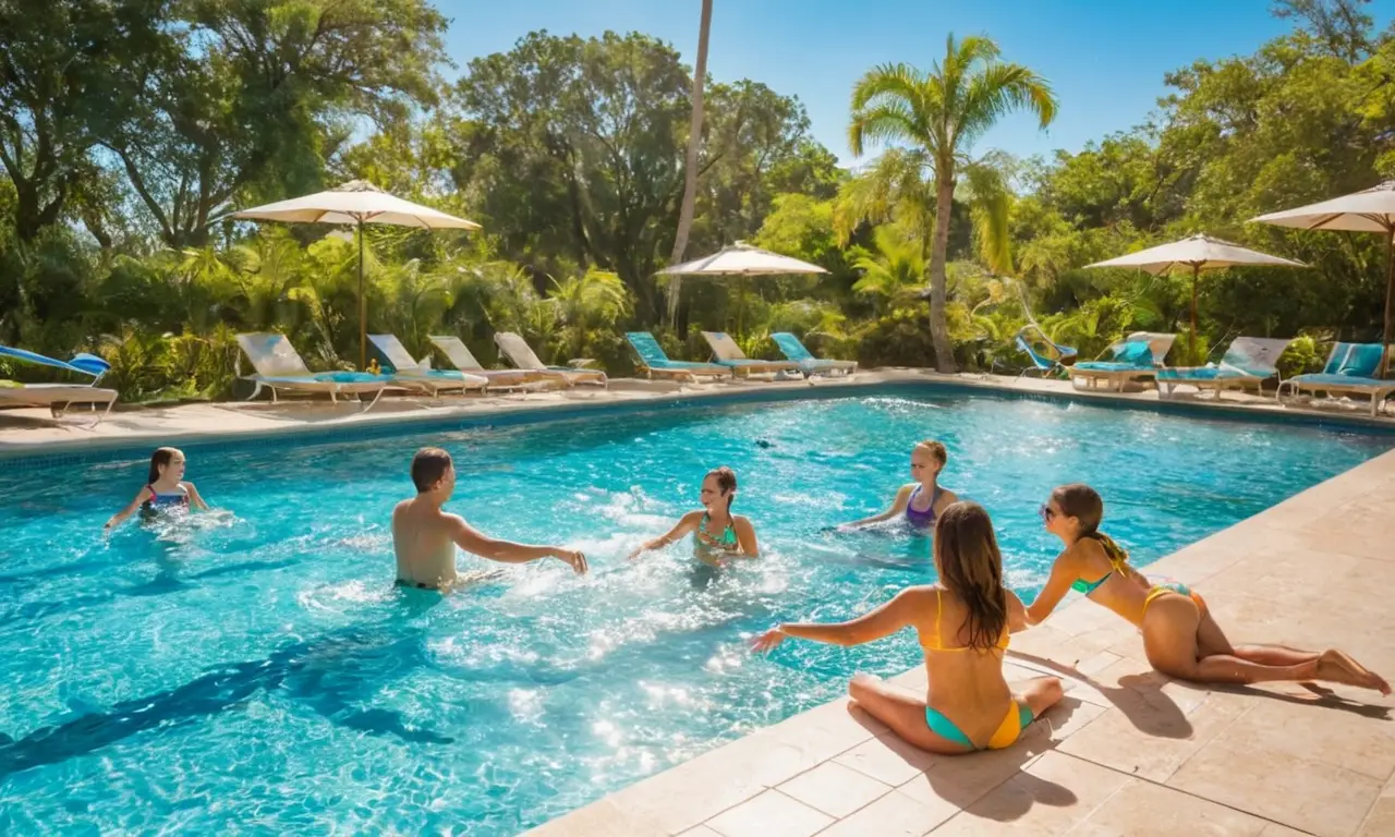 Enfants joyeux près dune piscine ensoleillée
