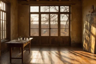 Atelier dart lumineux avec paysage vibrant