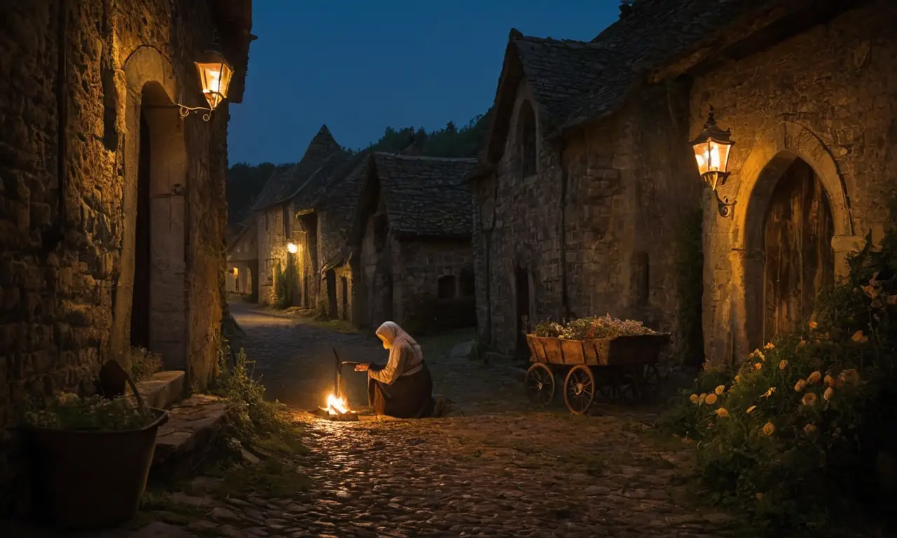 Village médiéval sombre, perte et désespoir
