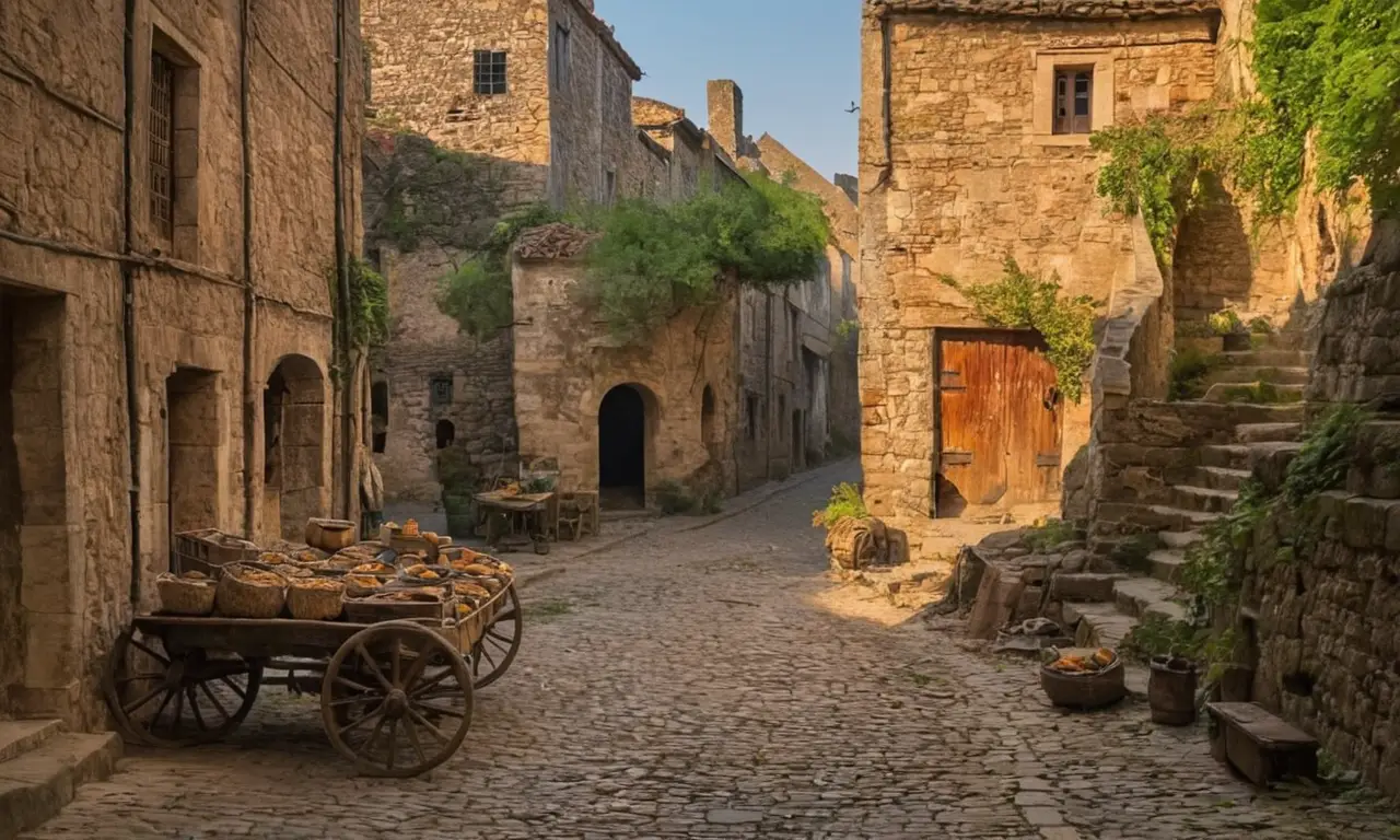 Village médiéval sombre, ambiance pesante et désolée