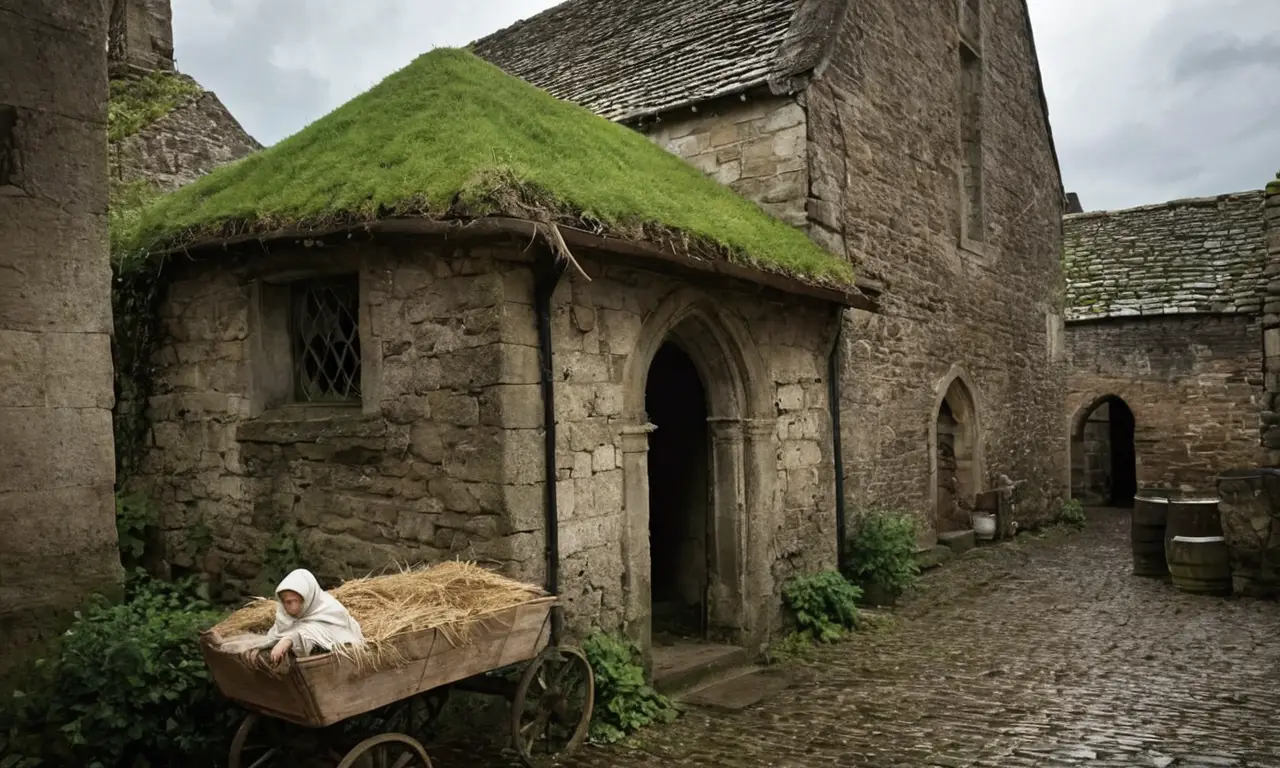 Village médiéval sombre, atmosphère de désespoir