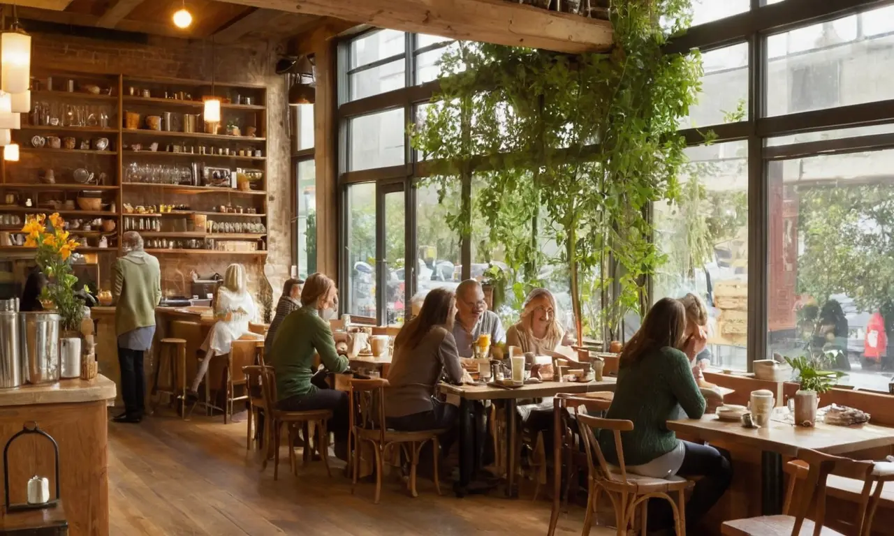 Café animé, lumière douce et convivialité chaleureuse