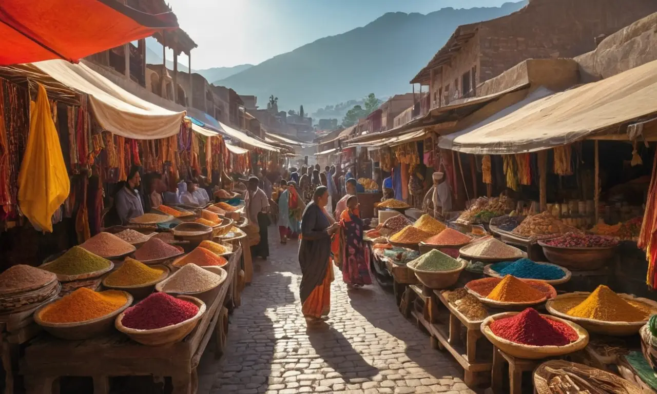 Marché vibrant avec couleurs et échanges animés