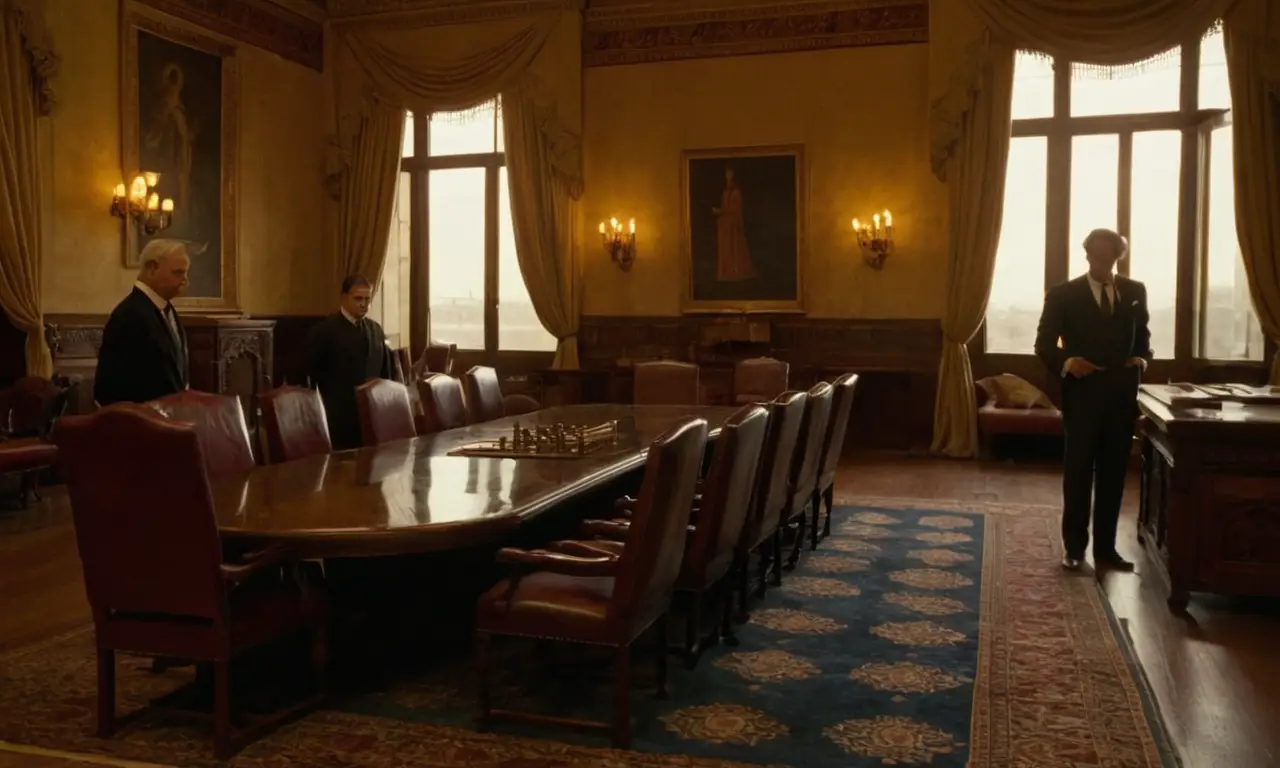 Salle de conférence sombre, diplomates préoccupés